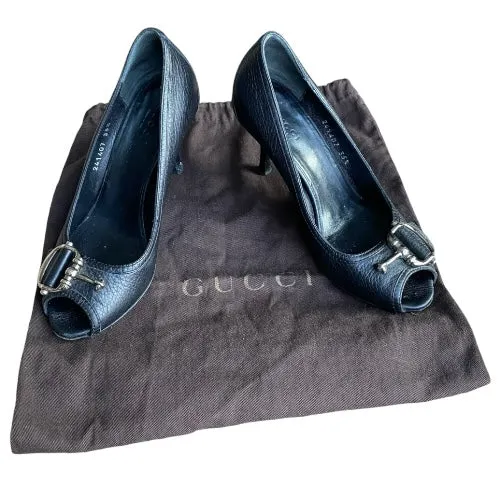 GUCCI Cellarius Black Leather, Silver Horsebit Buckle Peep Toe Pumps, Size 35.5