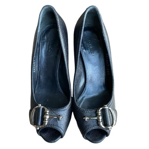 GUCCI Cellarius Black Leather, Silver Horsebit Buckle Peep Toe Pumps, Size 35.5