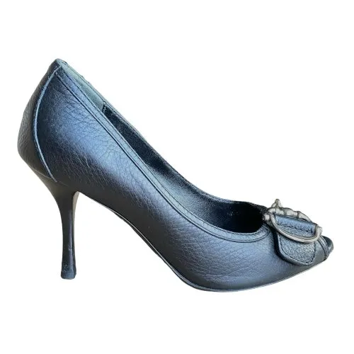 GUCCI Cellarius Black Leather, Silver Horsebit Buckle Peep Toe Pumps, Size 35.5