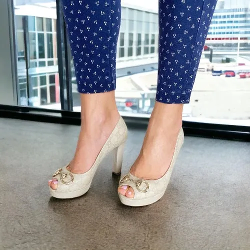 GUCCI Off White Guccissima Leather Horsebit Peep Toe Platform Pumps, Size 39
