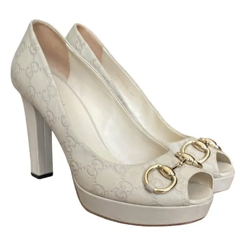 GUCCI Off White Guccissima Leather Horsebit Peep Toe Platform Pumps, Size 39
