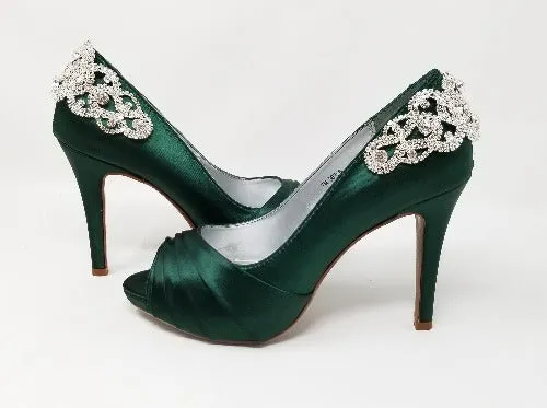 Hunter Green Wedding Shoes with Crystal Heel Design