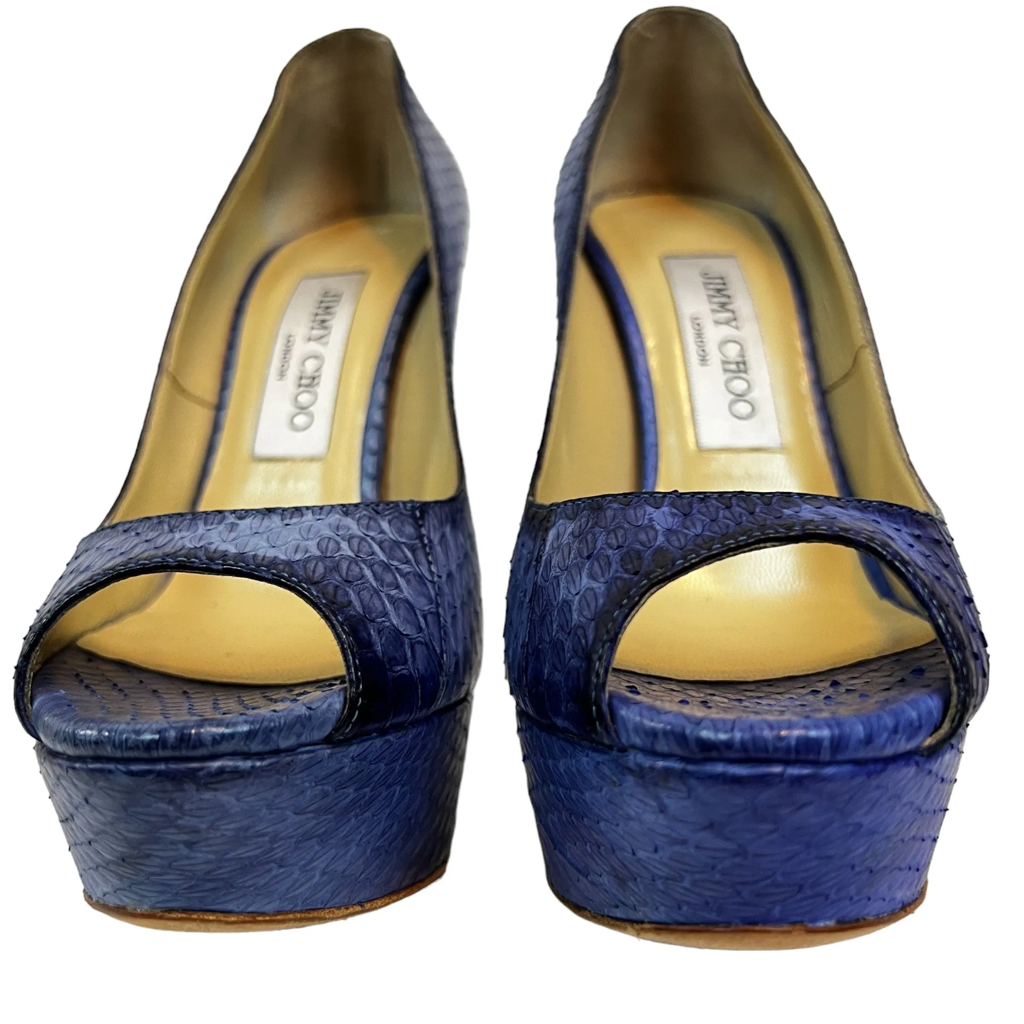 Jimmy Choo Blue Snakeskin Peep Toe 6" Platform Heels US/7.5 EUR/37.5