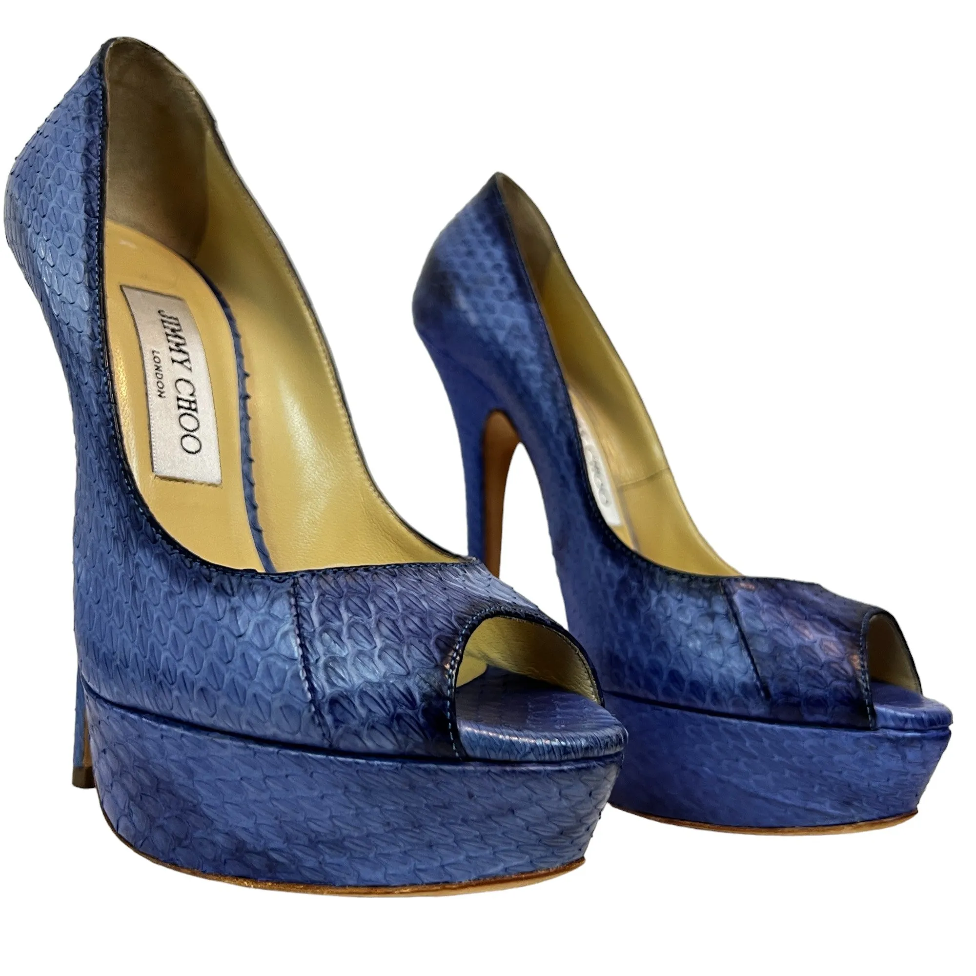 Jimmy Choo Blue Snakeskin Peep Toe 6" Platform Heels US/7.5 EUR/37.5