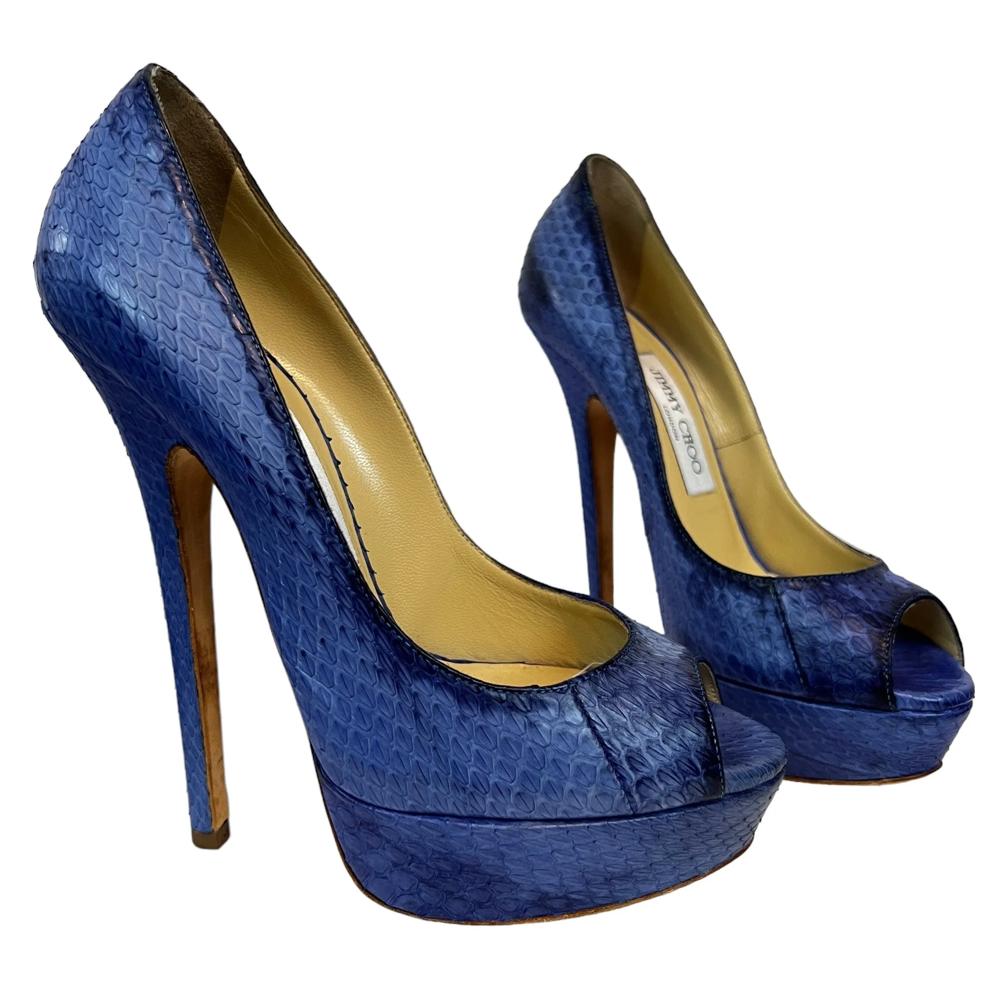 Jimmy Choo Blue Snakeskin Peep Toe 6" Platform Heels US/7.5 EUR/37.5