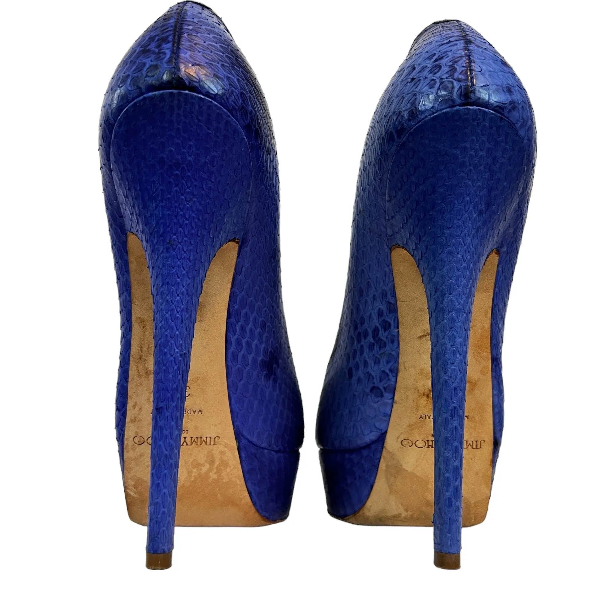 Jimmy Choo Blue Snakeskin Peep Toe 6" Platform Heels US/7.5 EUR/37.5