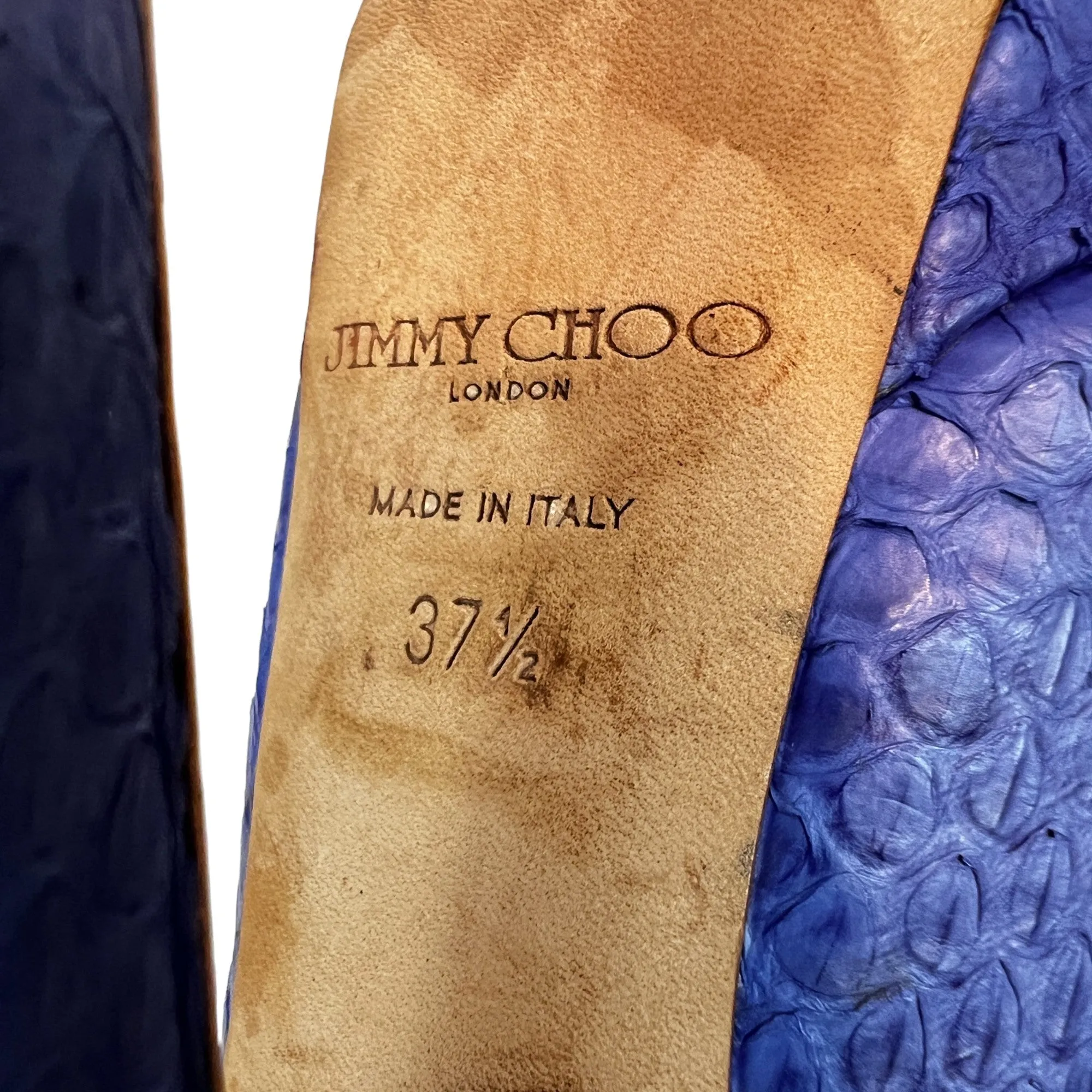 Jimmy Choo Blue Snakeskin Peep Toe 6" Platform Heels US/7.5 EUR/37.5