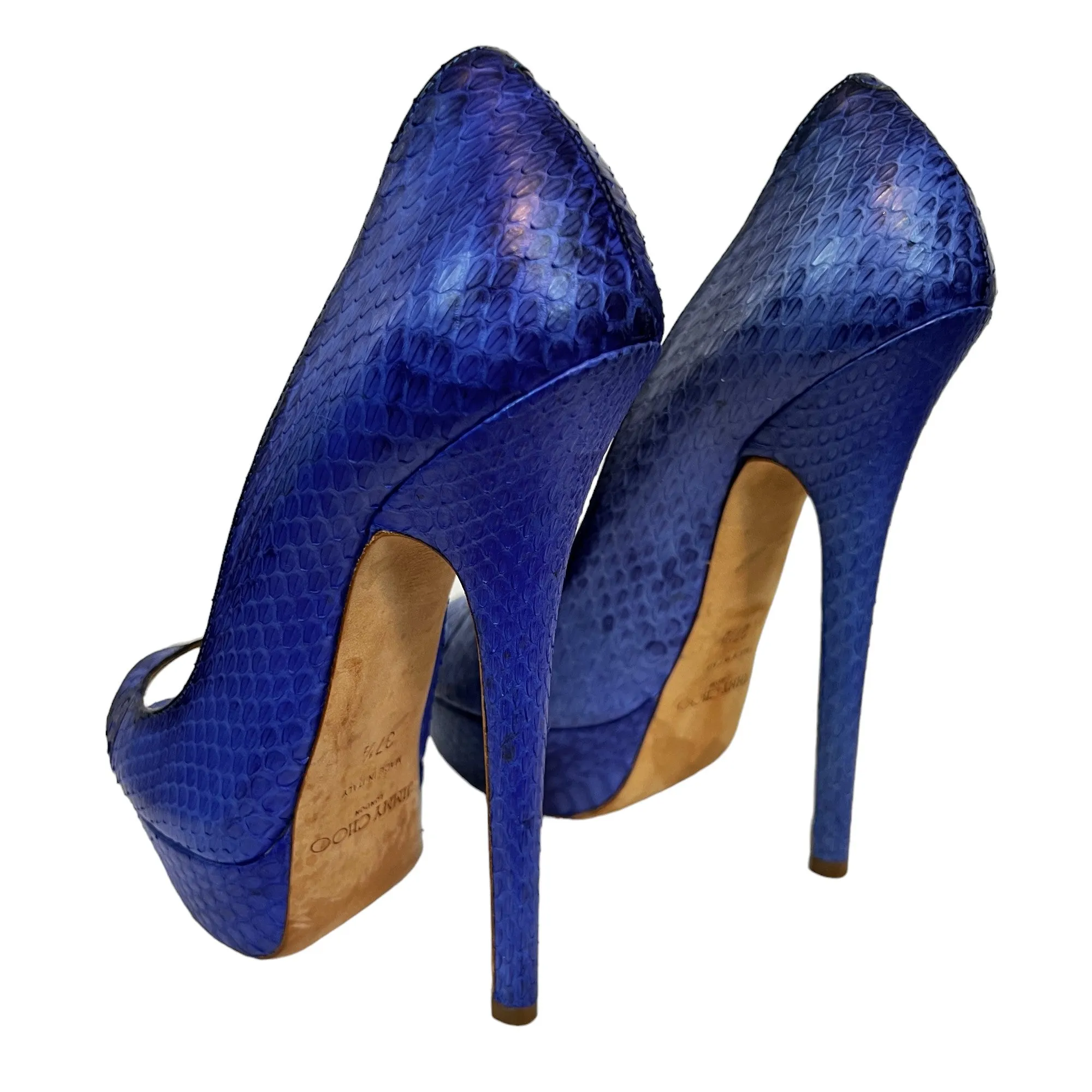 Jimmy Choo Blue Snakeskin Peep Toe 6" Platform Heels US/7.5 EUR/37.5