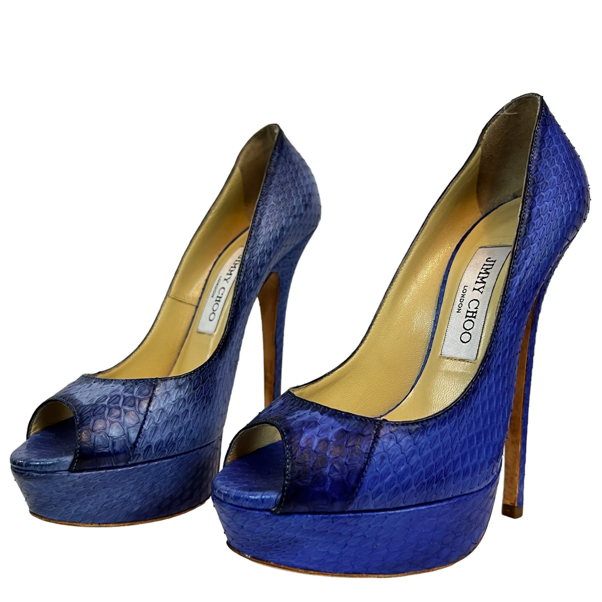 Jimmy Choo Blue Snakeskin Peep Toe 6" Platform Heels US/7.5 EUR/37.5