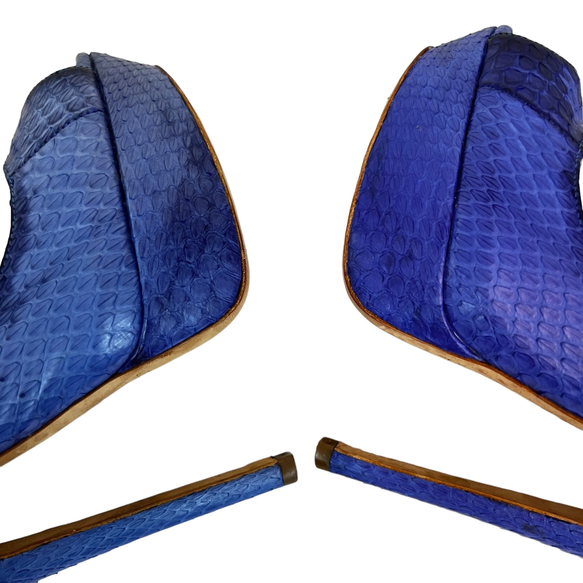 Jimmy Choo Blue Snakeskin Peep Toe 6" Platform Heels US/7.5 EUR/37.5