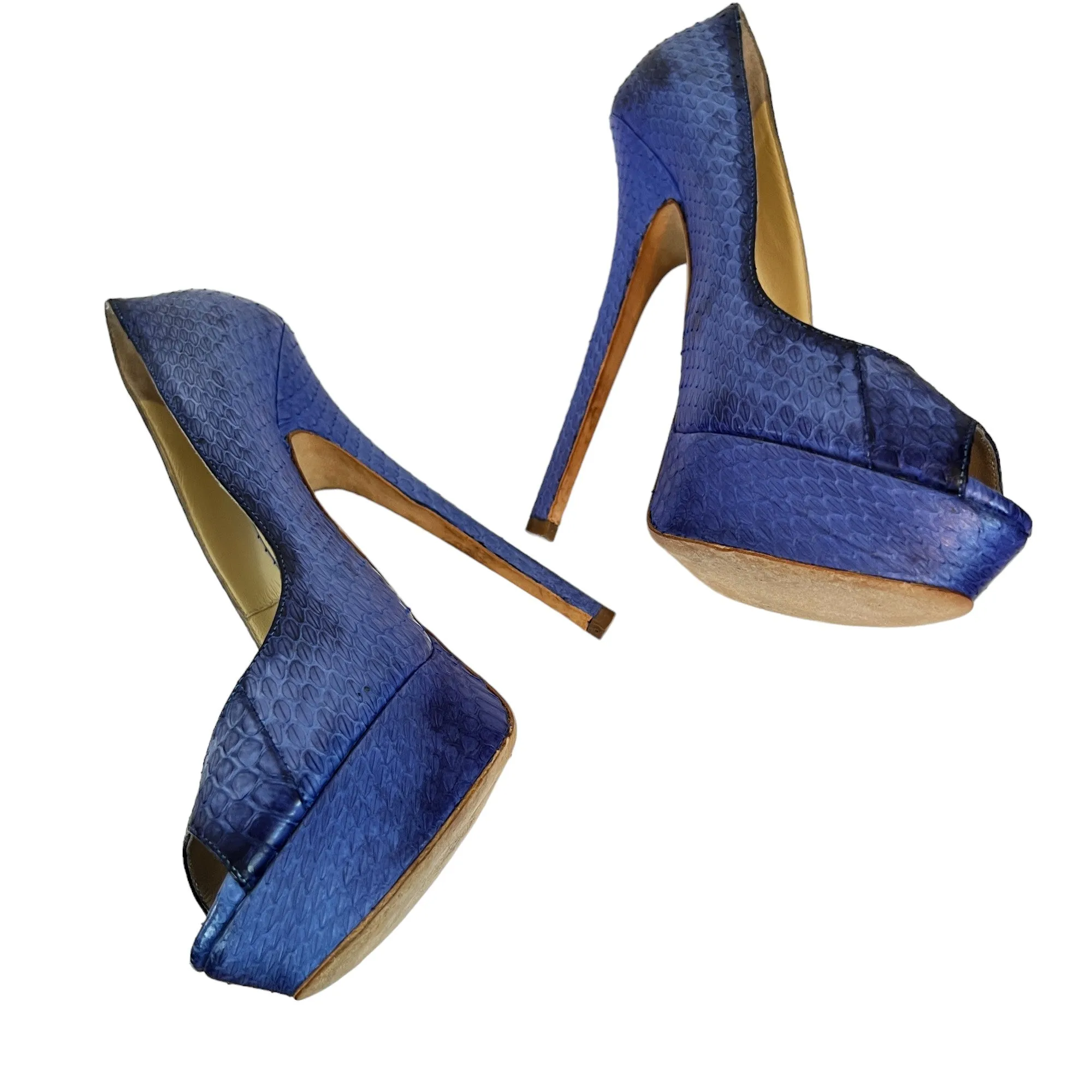 Jimmy Choo Blue Snakeskin Peep Toe 6" Platform Heels US/7.5 EUR/37.5