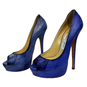 Jimmy Choo Blue Snakeskin Peep Toe 6" Platform Heels US/7.5 EUR/37.5