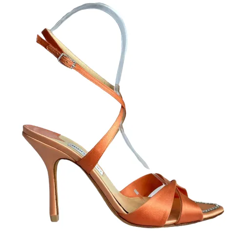 JIMMY CHOO Perfect-F Peach Satin Ankle Strap Heeled Sandals, Size 38.5