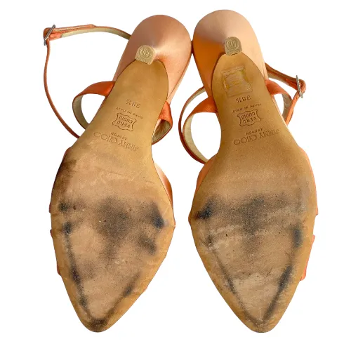 JIMMY CHOO Perfect-F Peach Satin Ankle Strap Heeled Sandals, Size 38.5