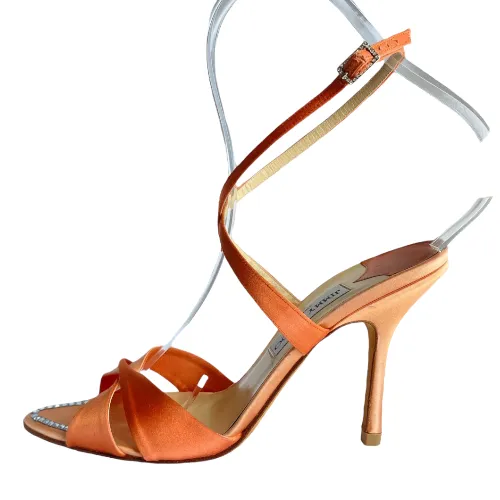 JIMMY CHOO Perfect-F Peach Satin Ankle Strap Heeled Sandals, Size 38.5