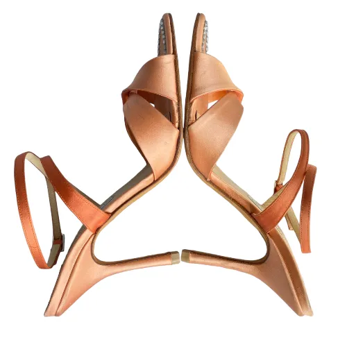 JIMMY CHOO Perfect-F Peach Satin Ankle Strap Heeled Sandals, Size 38.5