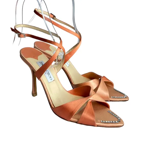 JIMMY CHOO Perfect-F Peach Satin Ankle Strap Heeled Sandals, Size 38.5