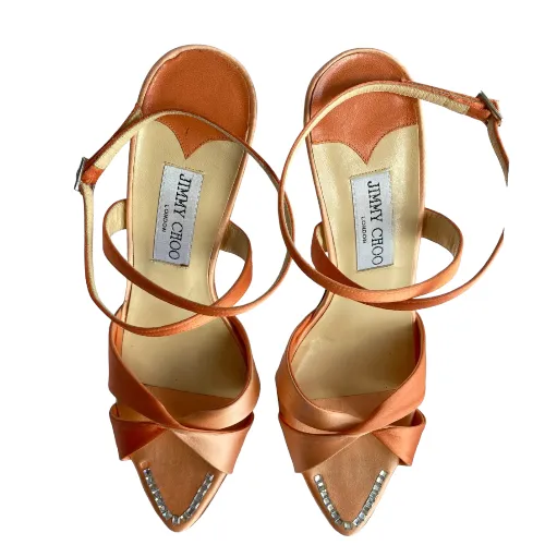 JIMMY CHOO Perfect-F Peach Satin Ankle Strap Heeled Sandals, Size 38.5