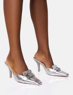 Macchiato Cracked Silver Western Buckle Detail Mid Heel Mules