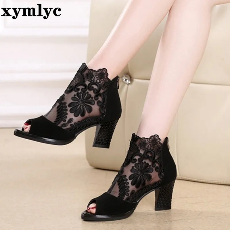 Mesh Peep Toe Sandals Summer Sexy Heels Single Shoes