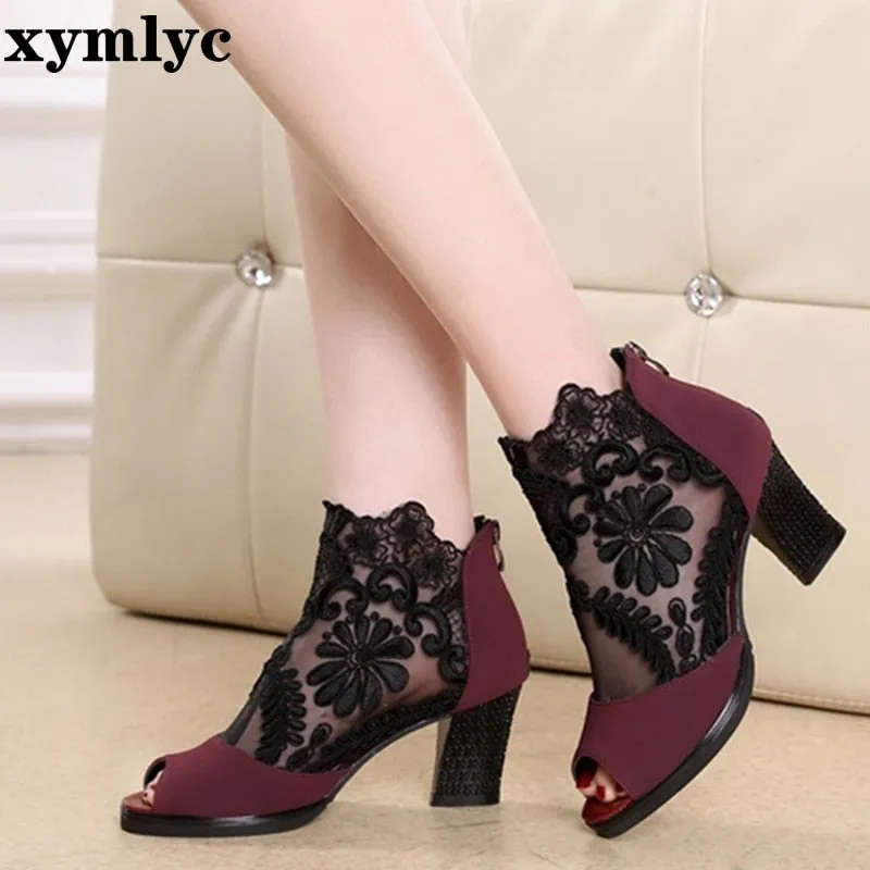 Mesh Peep Toe Sandals Summer Sexy Heels Single Shoes