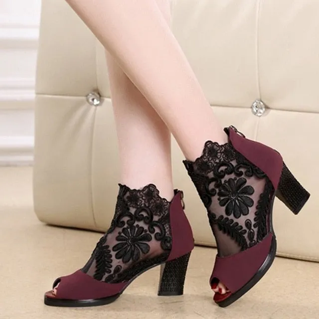 Mesh Peep Toe Sandals Summer Sexy Heels Single Shoes