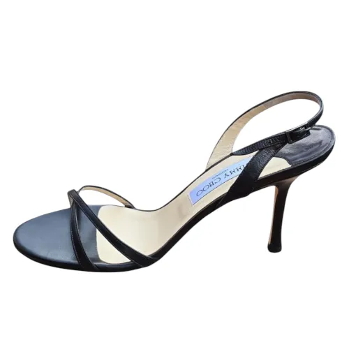 NEW JIMMY CHOO Black Leather Slingback Strappy Heeled Sandals, Size 40.5