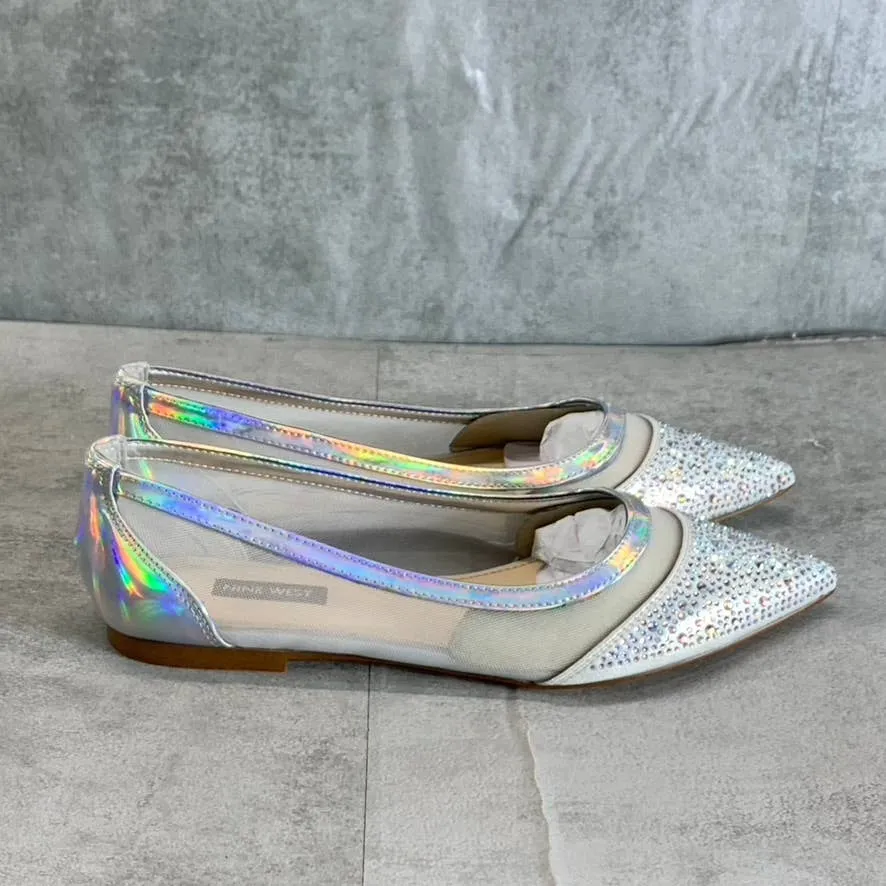 NINE WEST Women's Silver Bogus Rhinestone Embellished Pointed-Toe Mesh Flats SZ7