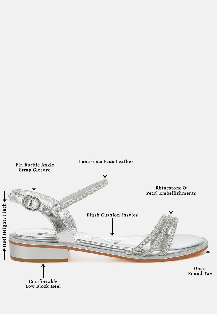 Nobbity Rhinestone Pearl Detail Flat Sandals