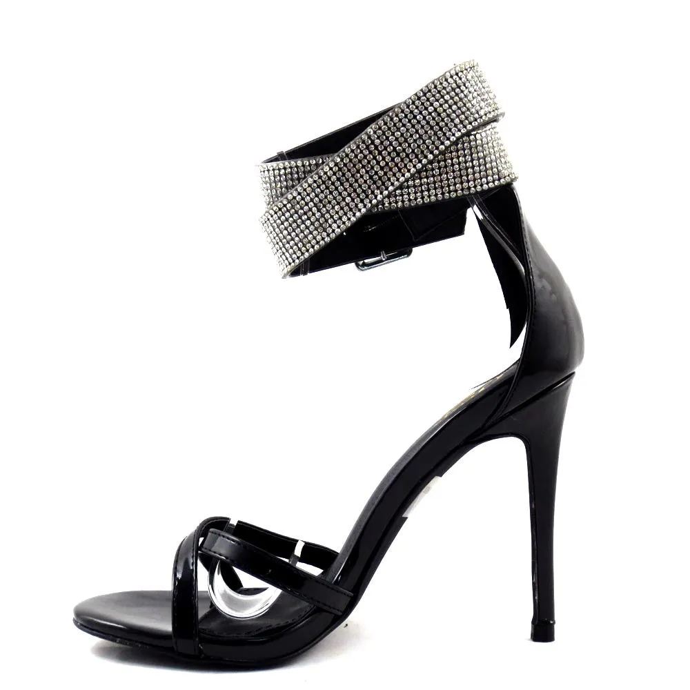 Olivia Jaymes Open Toe Blingy Ankle Strap Cross Pattern Heels - Chelsea