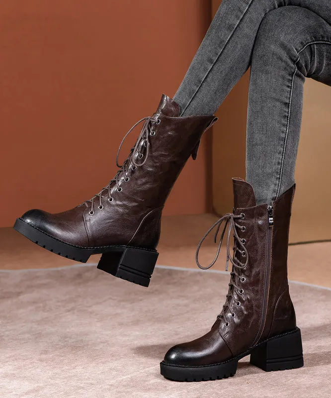 Plus Size Brown Boots Cross Strap Splicing Chunky RD010
