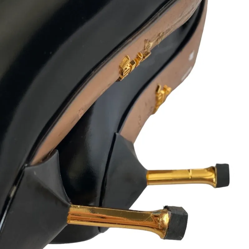 PRADA Black Patent Leather Tassel Gold Metal Heel Pointed Toe Pumps, Size 36
