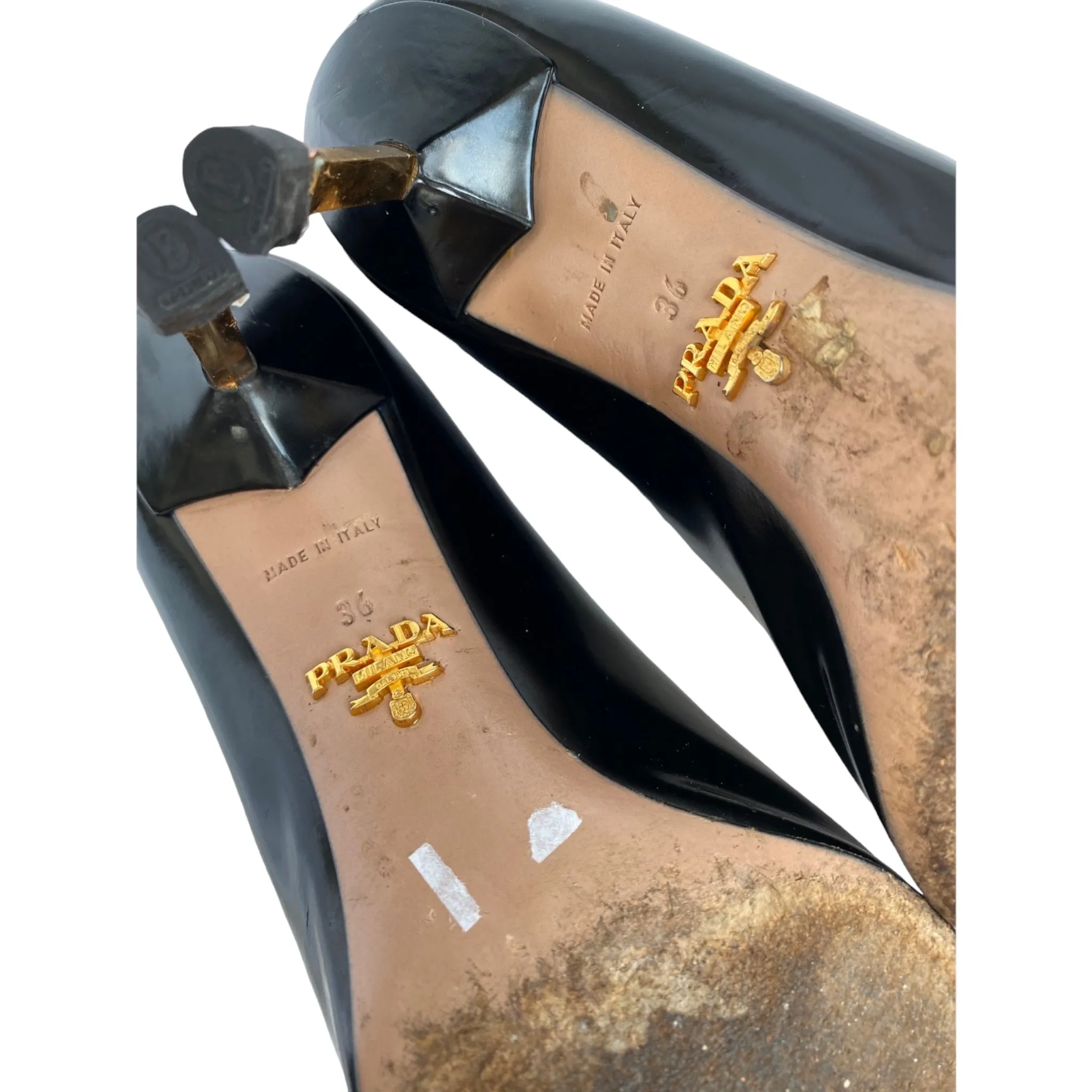 PRADA Black Patent Leather Tassel Gold Metal Heel Pointed Toe Pumps, Size 36