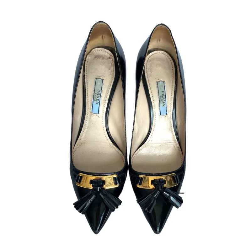 PRADA Black Patent Leather Tassel Gold Metal Heel Pointed Toe Pumps, Size 36