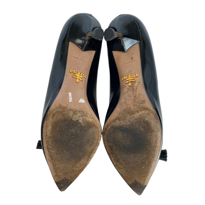 PRADA Black Patent Leather Tassel Gold Metal Heel Pointed Toe Pumps, Size 36