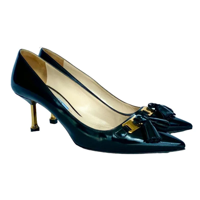 PRADA Black Patent Leather Tassel Gold Metal Heel Pointed Toe Pumps, Size 36