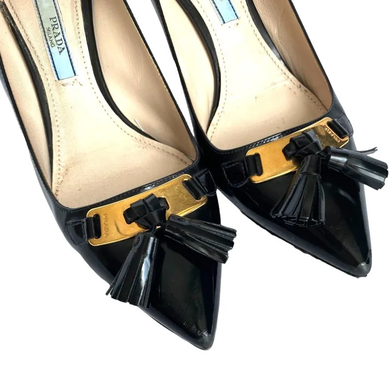 PRADA Black Patent Leather Tassel Gold Metal Heel Pointed Toe Pumps, Size 36