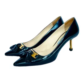 PRADA Black Patent Leather Tassel Gold Metal Heel Pointed Toe Pumps, Size 36