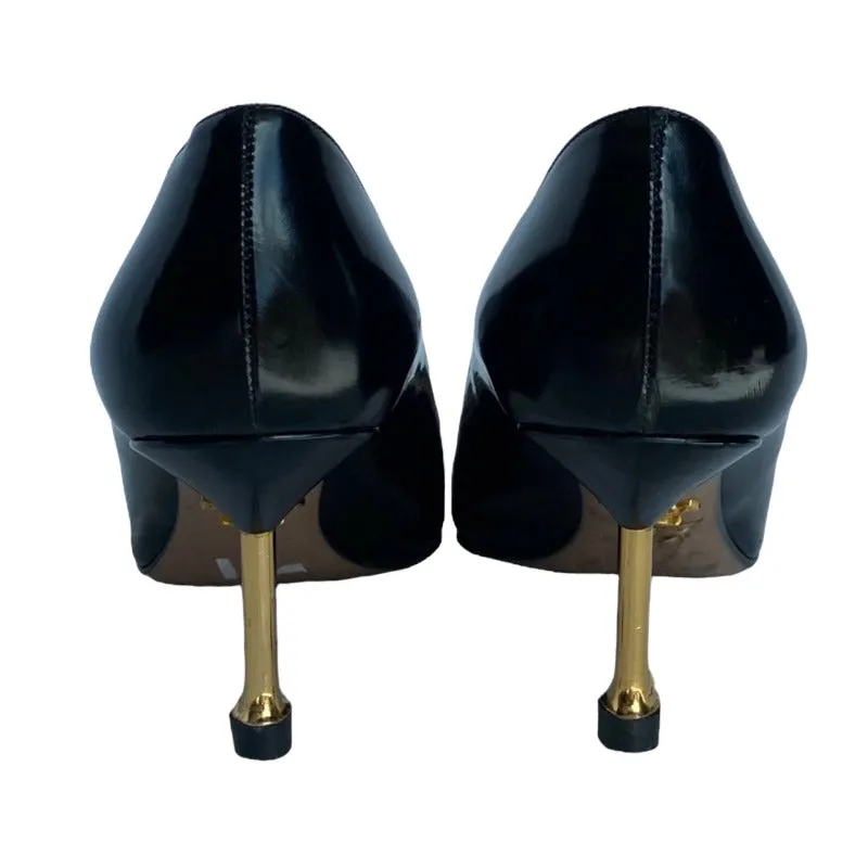 PRADA Black Patent Leather Tassel Gold Metal Heel Pointed Toe Pumps, Size 36