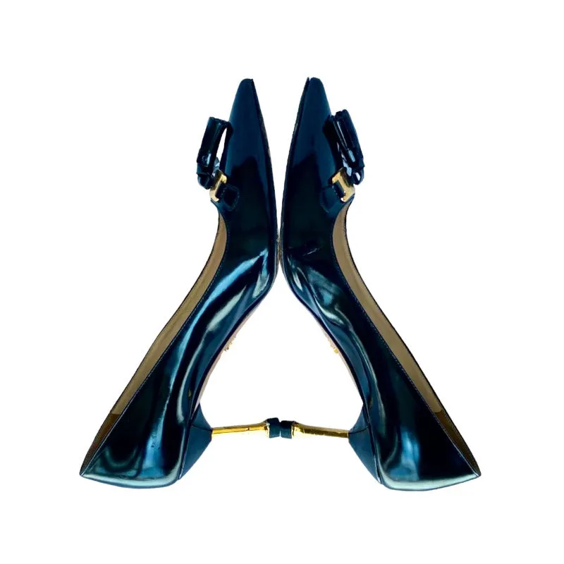 PRADA Black Patent Leather Tassel Gold Metal Heel Pointed Toe Pumps, Size 36