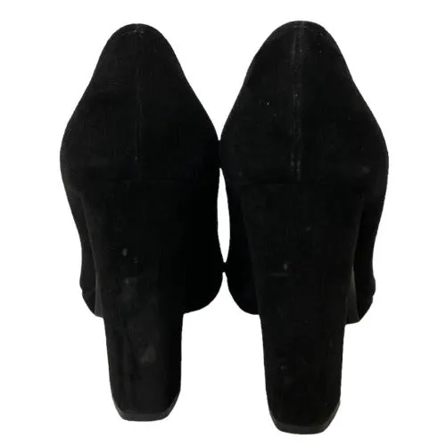 PRADA Black Suede, Logo Buckle & Fringe Block Heel Pumps, Size 35