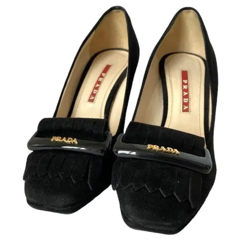 PRADA Black Suede, Logo Buckle & Fringe Block Heel Pumps, Size 35