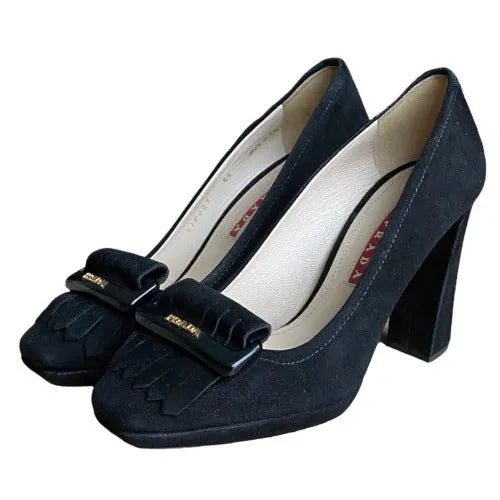 PRADA Black Suede, Logo Buckle & Fringe Block Heel Pumps, Size 35