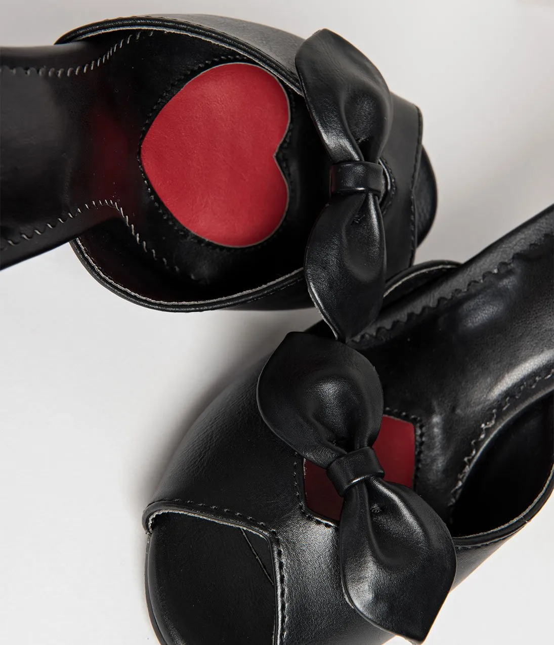 Retro Style Black Leatherette Peep Toe Bow Heels