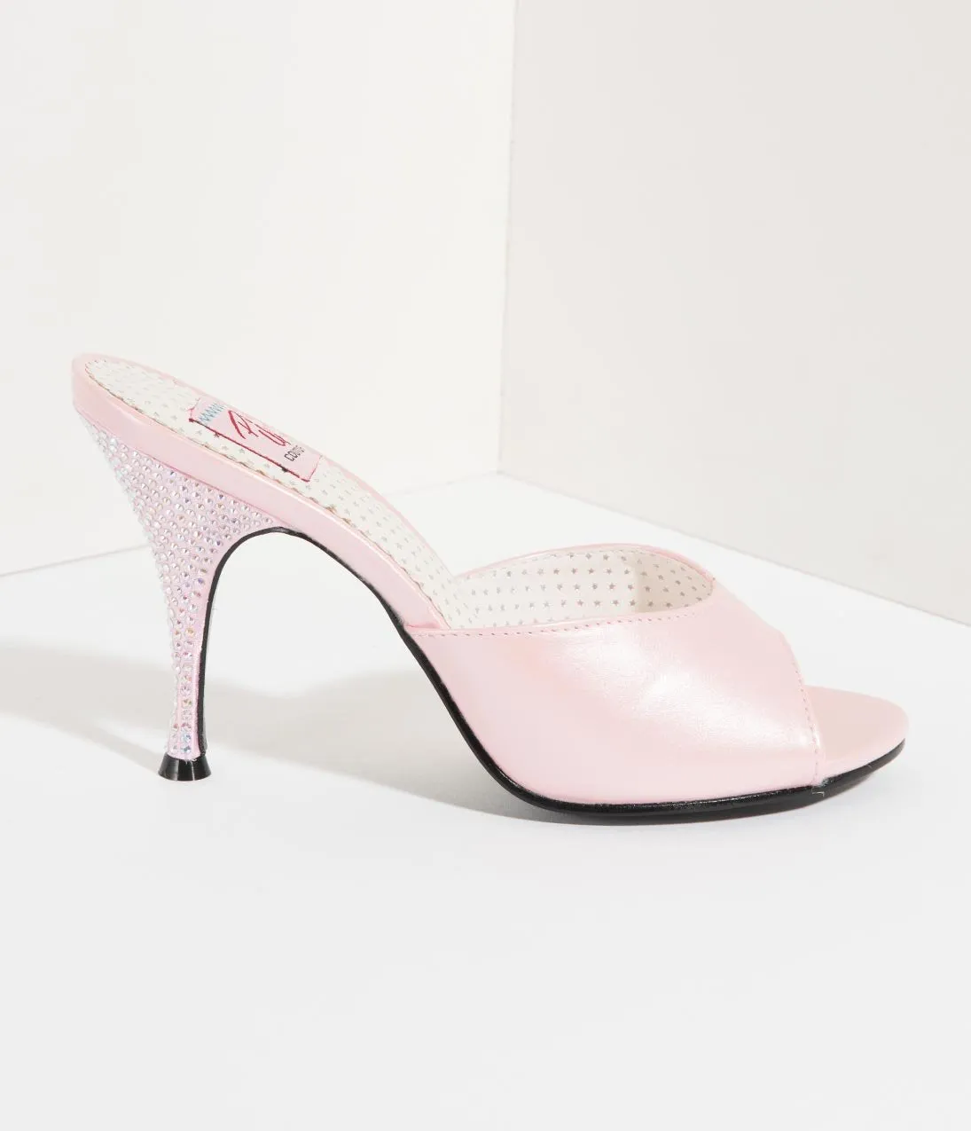 Retro Style Light Pink Leatherette Peep Toe Rhinestone Mule Heels