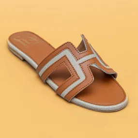 Round Toe H Flats-Tan/Cream