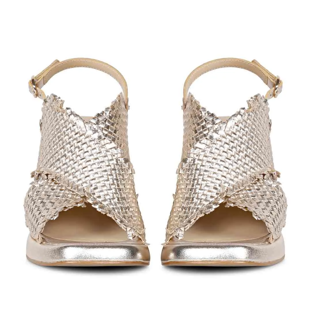 Saint Shelby Gold Metallic Crisscross Fringed Woven Leather Block Heels