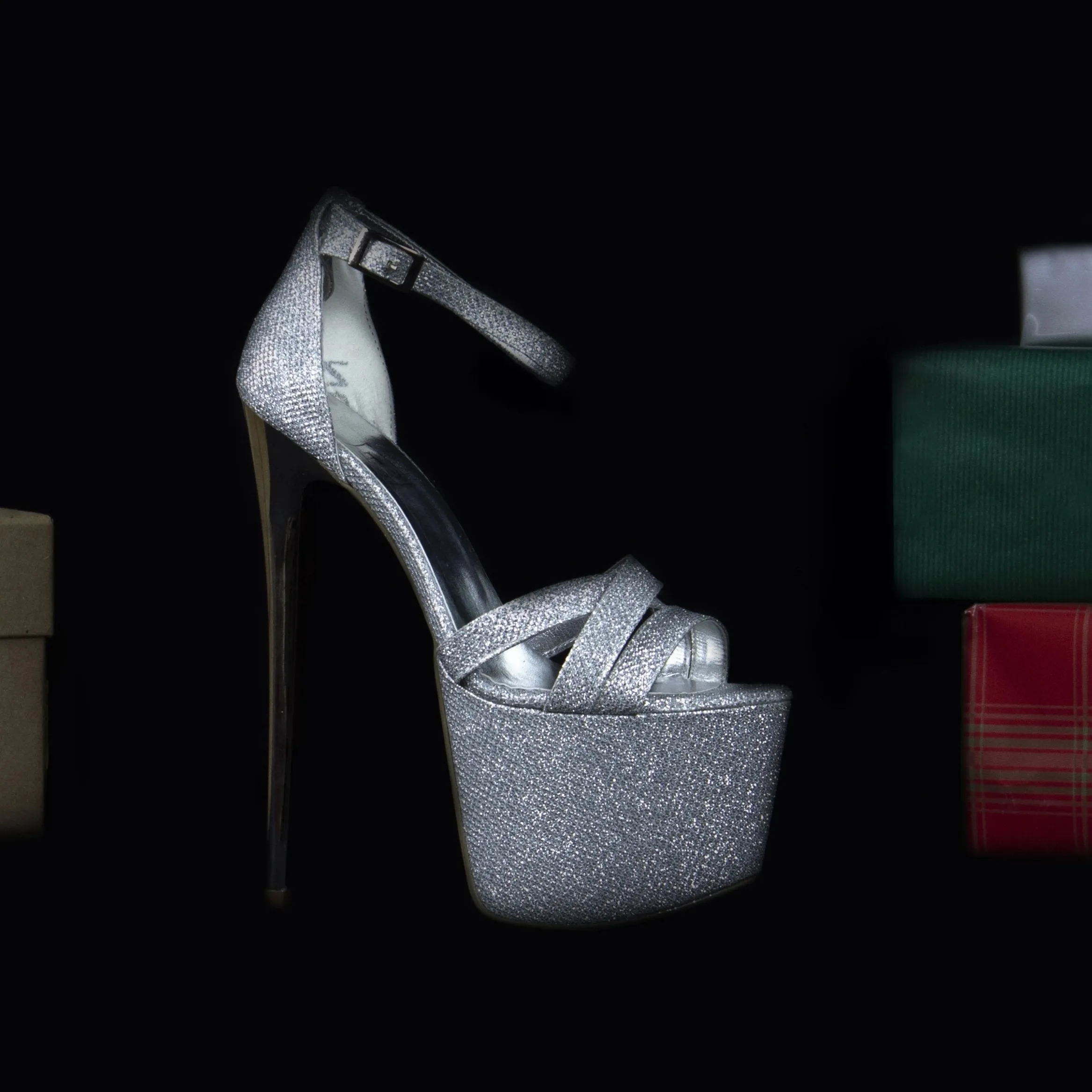 Silver Shine Cross Strap Platforms