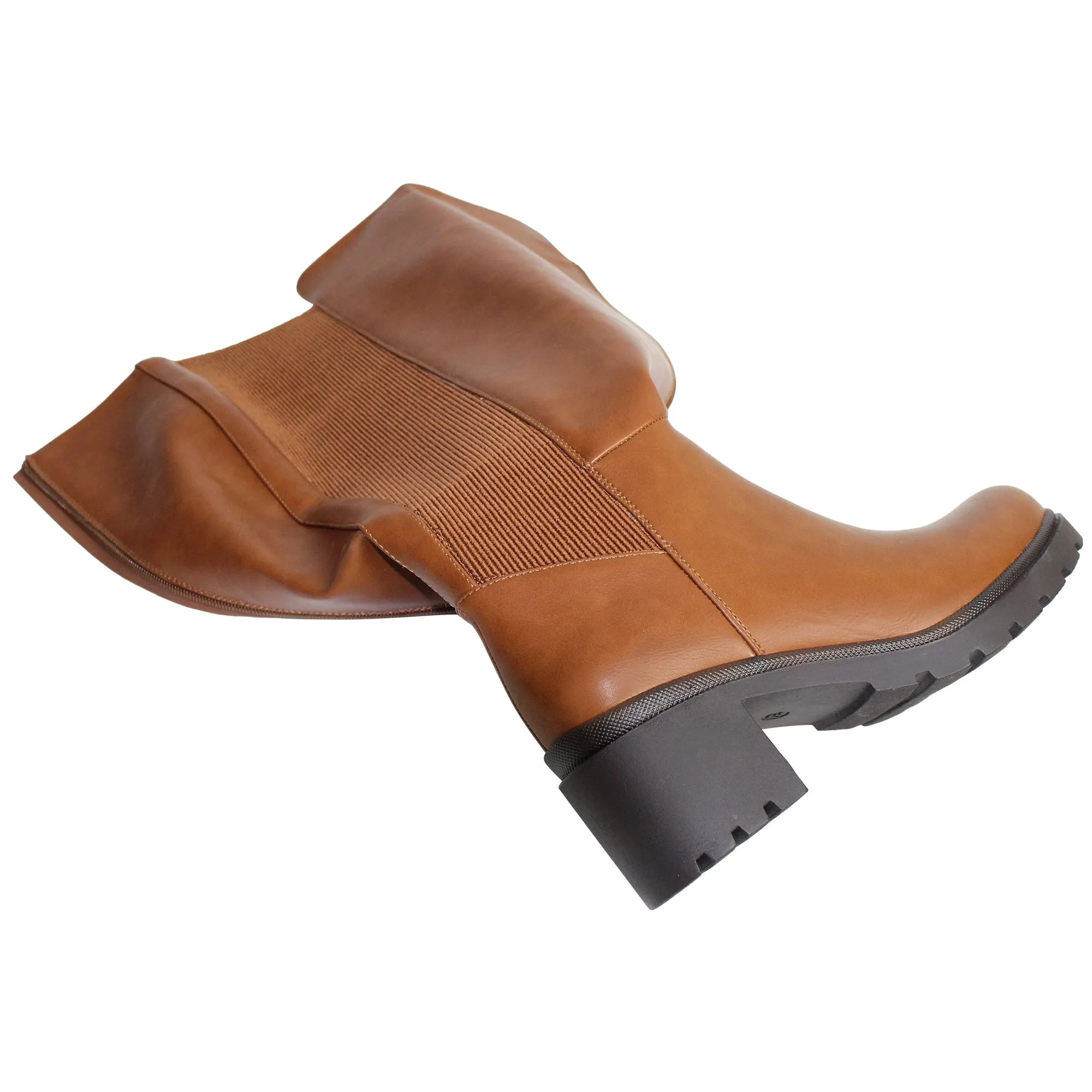 SOBEYO Women's Boots Knee High Chunky Heels Elastics Side Zipper Closure Tan