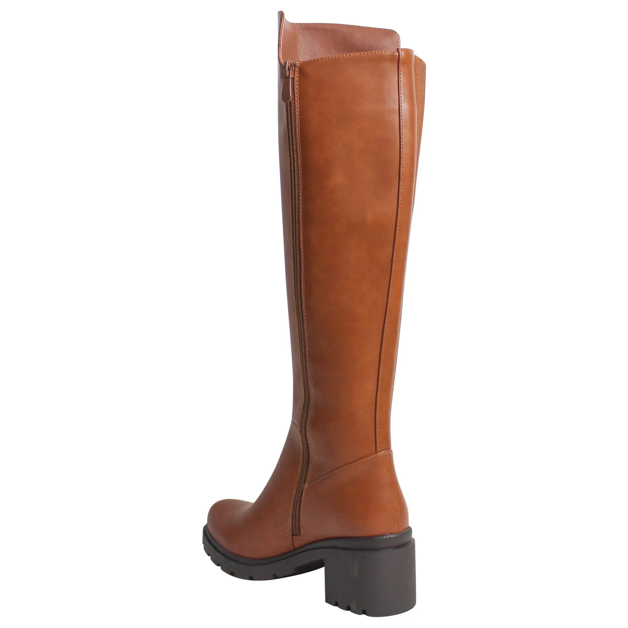SOBEYO Women's Boots Knee High Chunky Heels Elastics Side Zipper Closure Tan